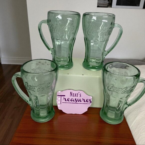 Vintage Libbey COCA COLA Green Tint Heavy Handle Bell 14 oz Soda Glasses Set 4 - Picture 1 of 14